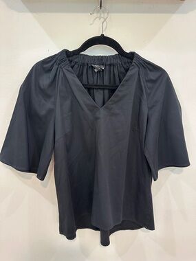 Abbey Glass Black V-Neck Relaxed Sleeve Blouse with elastic ruching back neck